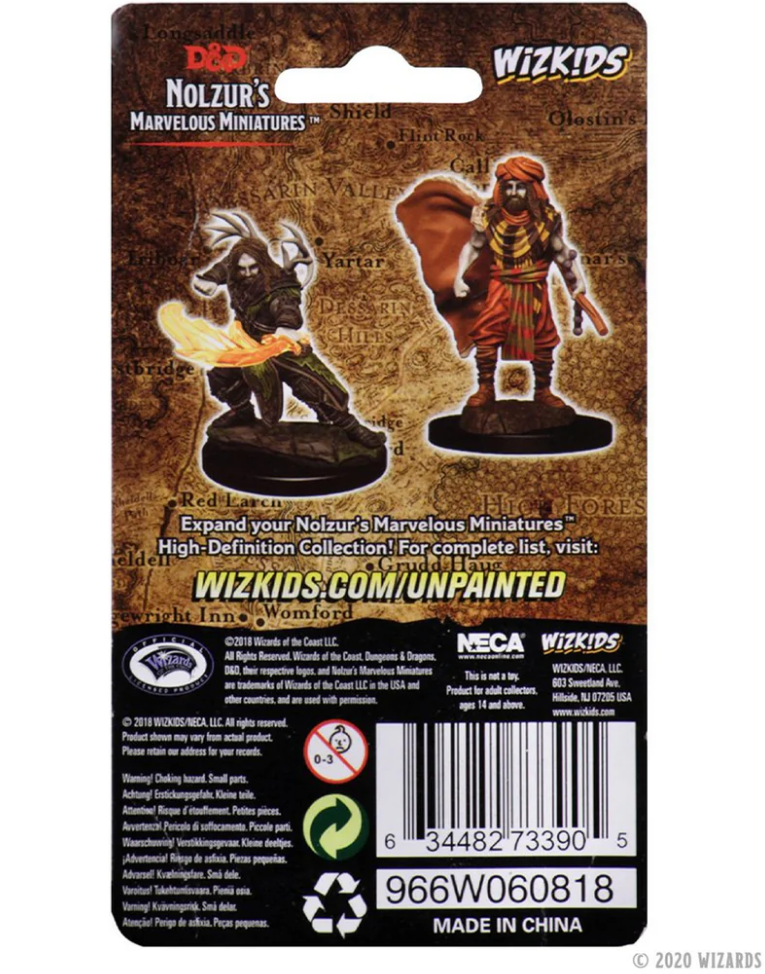 Unpainted miniatures of a male human druid and a male human with a flame, designed for Dungeons & Dragons gameplay.