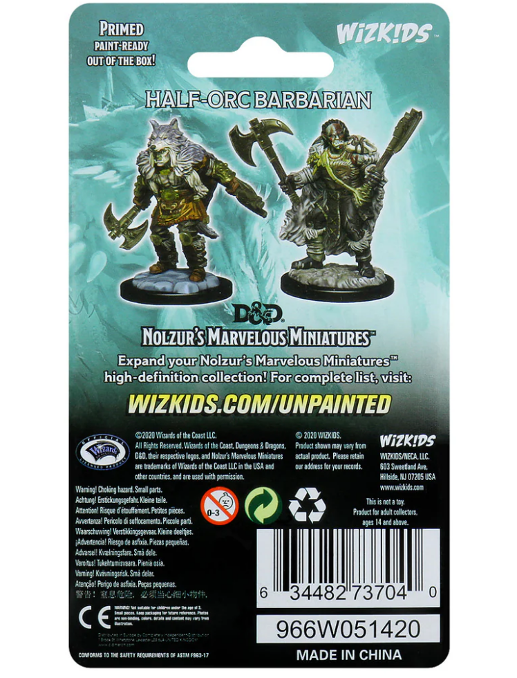 Unpainted miniatures of a male half-orc barbarian from Dungeons & Dragons, designed for tabletop gaming.