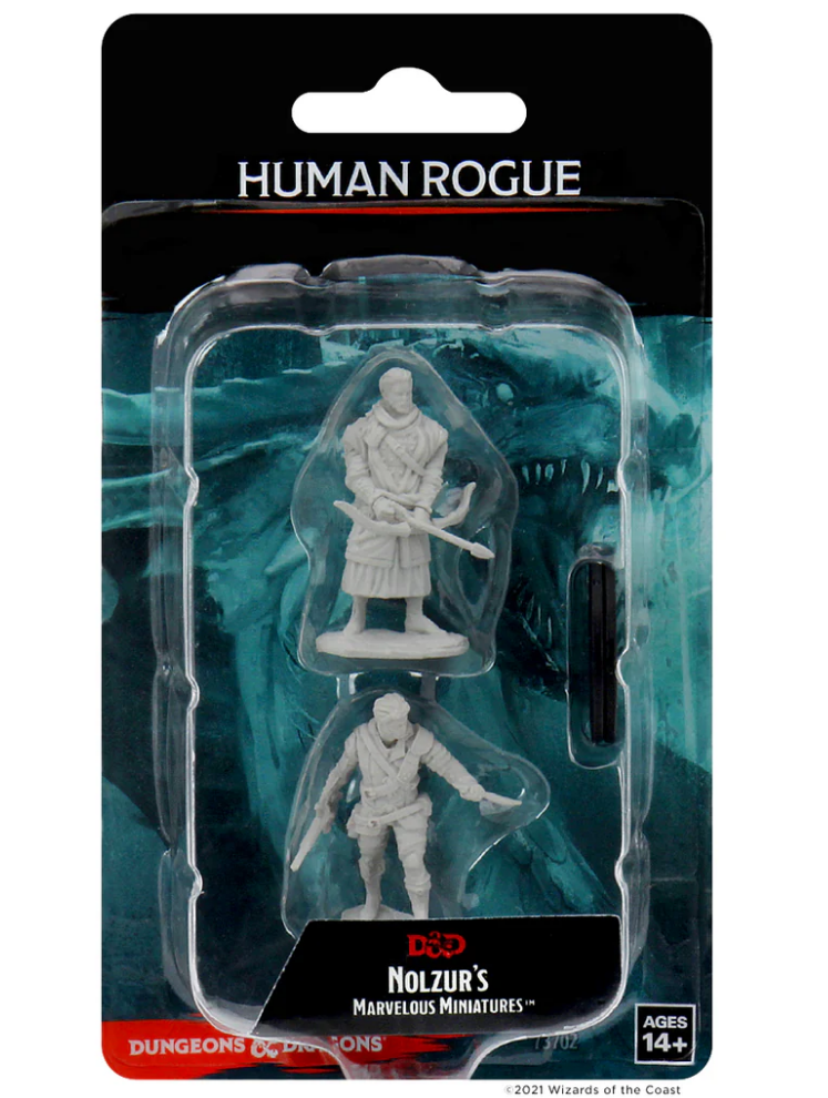 Unpainted miniatures of a male human rogue from Dungeons & Dragons, packaged for tabletop gaming.