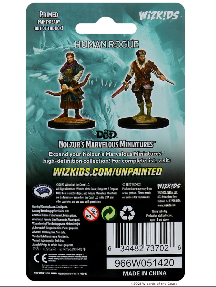 Back packaging of Dungeons & Dragons Nolzur's Marvelous Unpainted Miniatures featuring a male human rogue with two weapons.