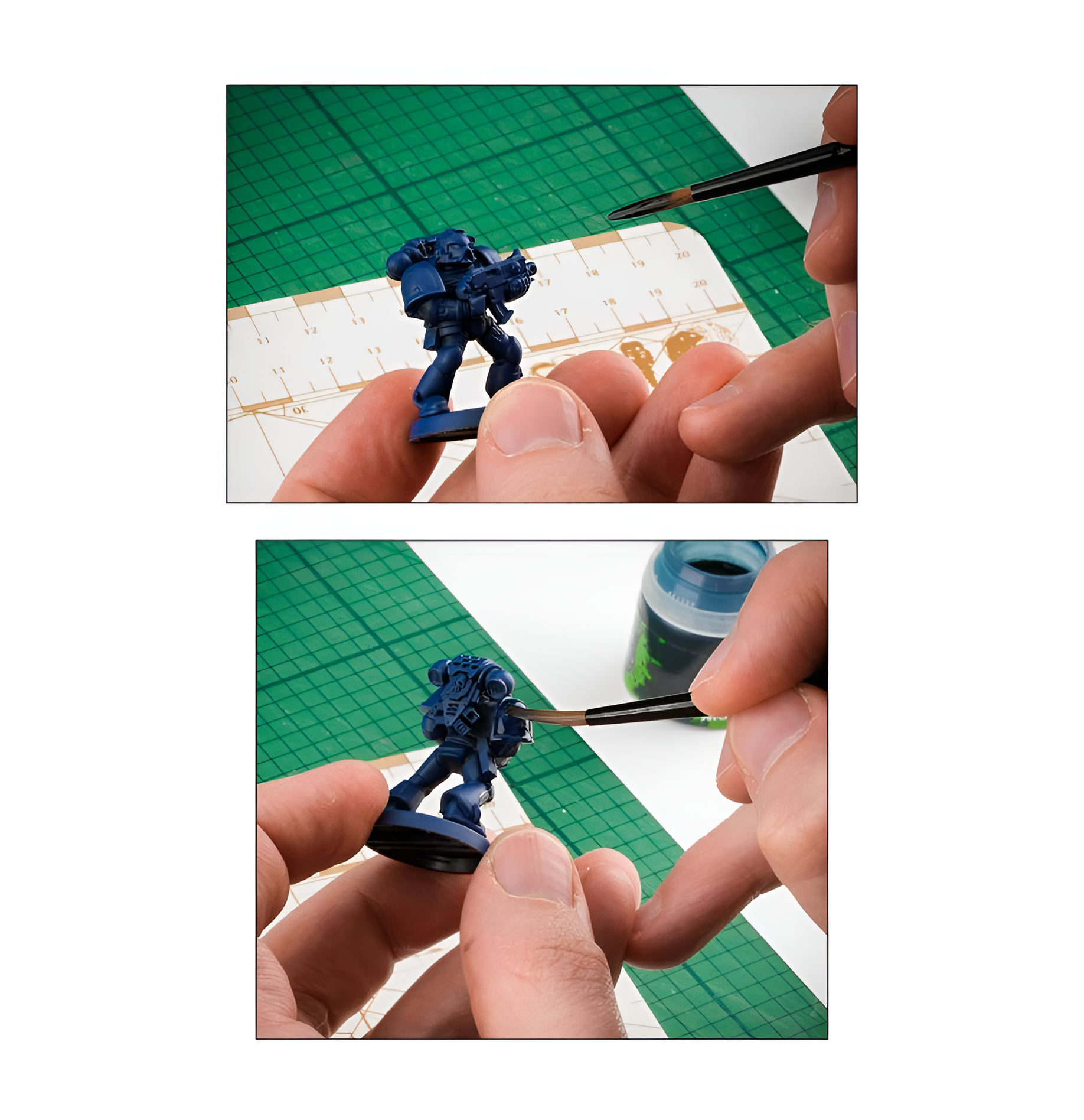 Hands holding a medium shade brush applying paint to a blue miniature figure on a cutting mat.