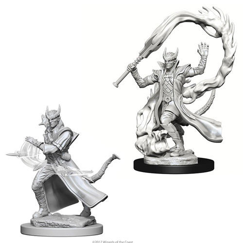 Unpainted miniature of a male Tiefling sorcerer from Dungeons & Dragons, featuring dynamic pose with flames and staff.