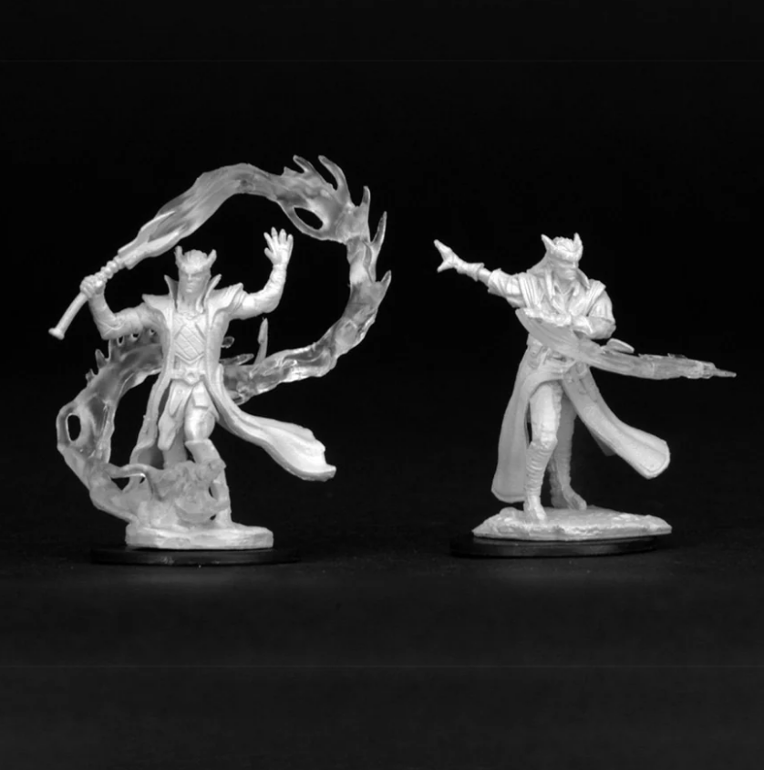 Unpainted miniatures of a male Tiefling sorcerer casting spells, featuring dynamic poses and detailed designs.