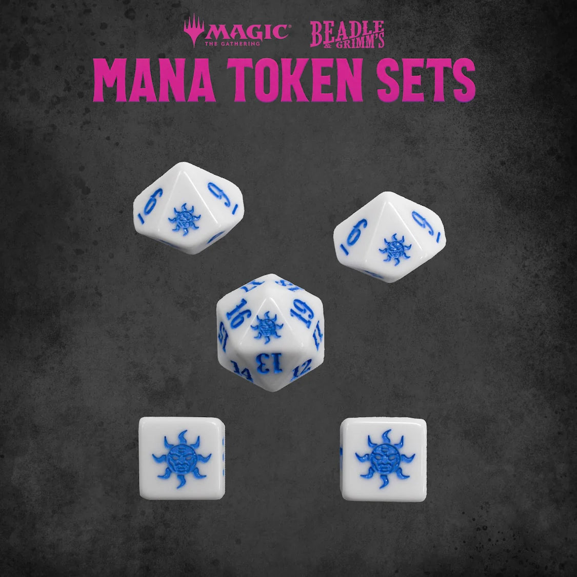 White Mana Token Set from Beadle & Grimm's features five blue and white dice with sun symbols for Magic: The Gathering.