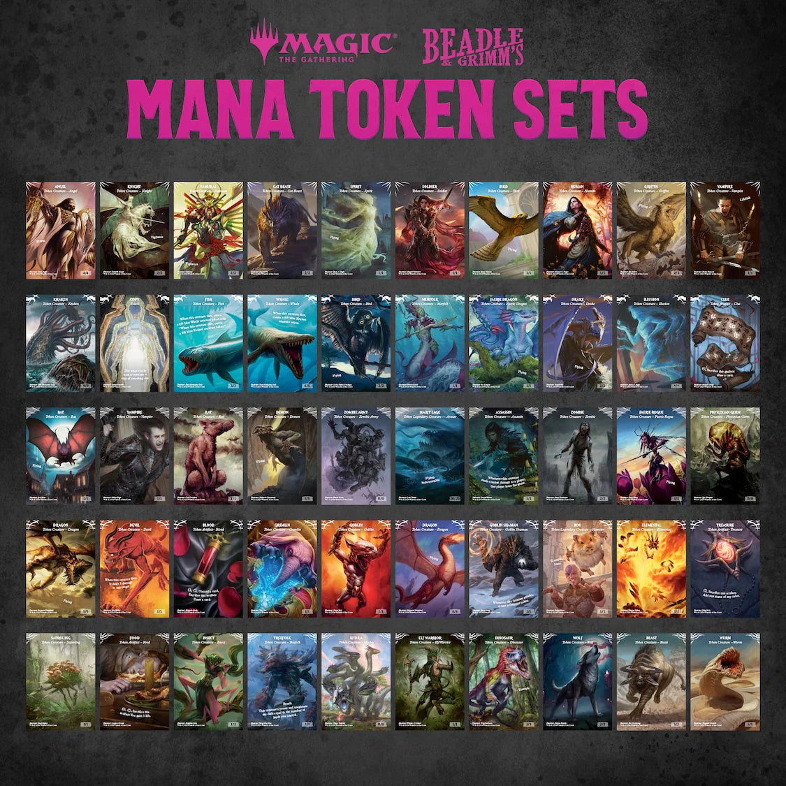 A collection of 60 unique Mana tokens from Magic: The Gathering, featuring diverse artwork and character designs.