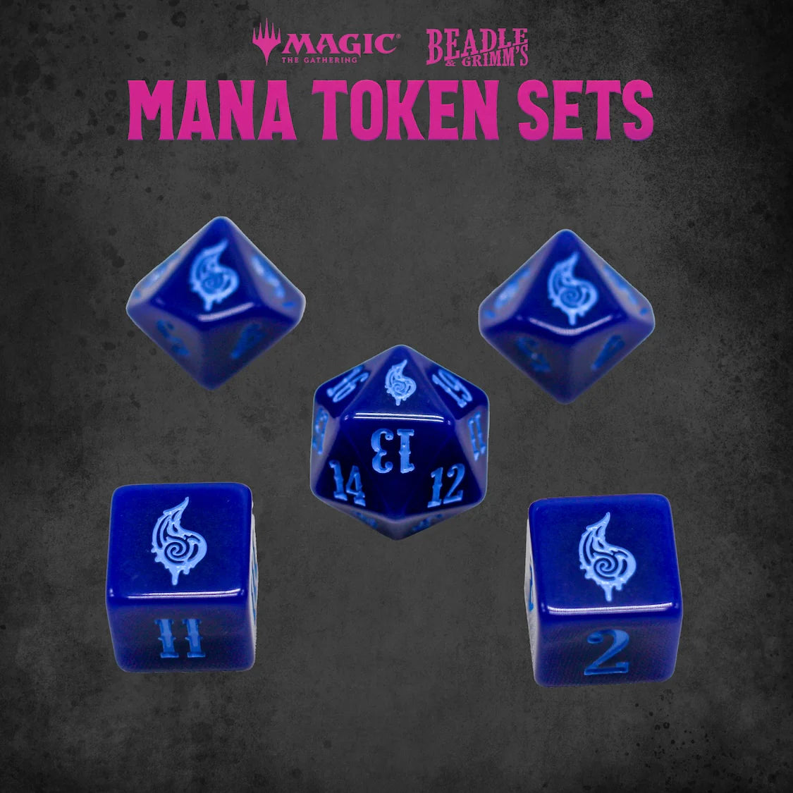Blue Mana Token Set from Beadle & Grimm's features five blue dice with unique designs for Magic: The Gathering gameplay.