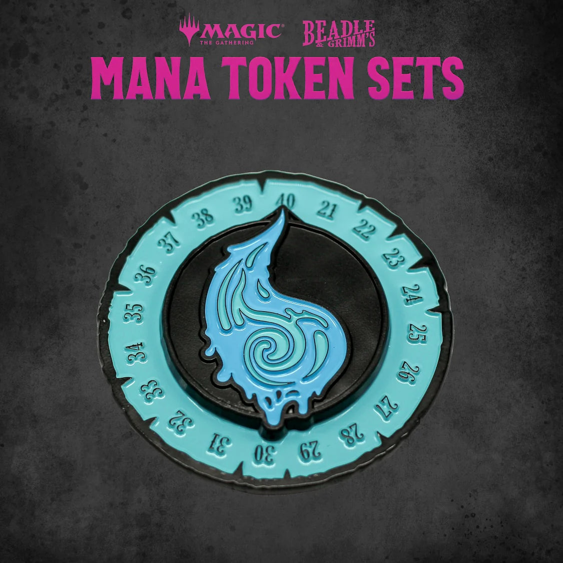 Blue Mana Token Set from Beadle & Grimm's for Magic: The Gathering, featuring a circular token with a blue swirl design.