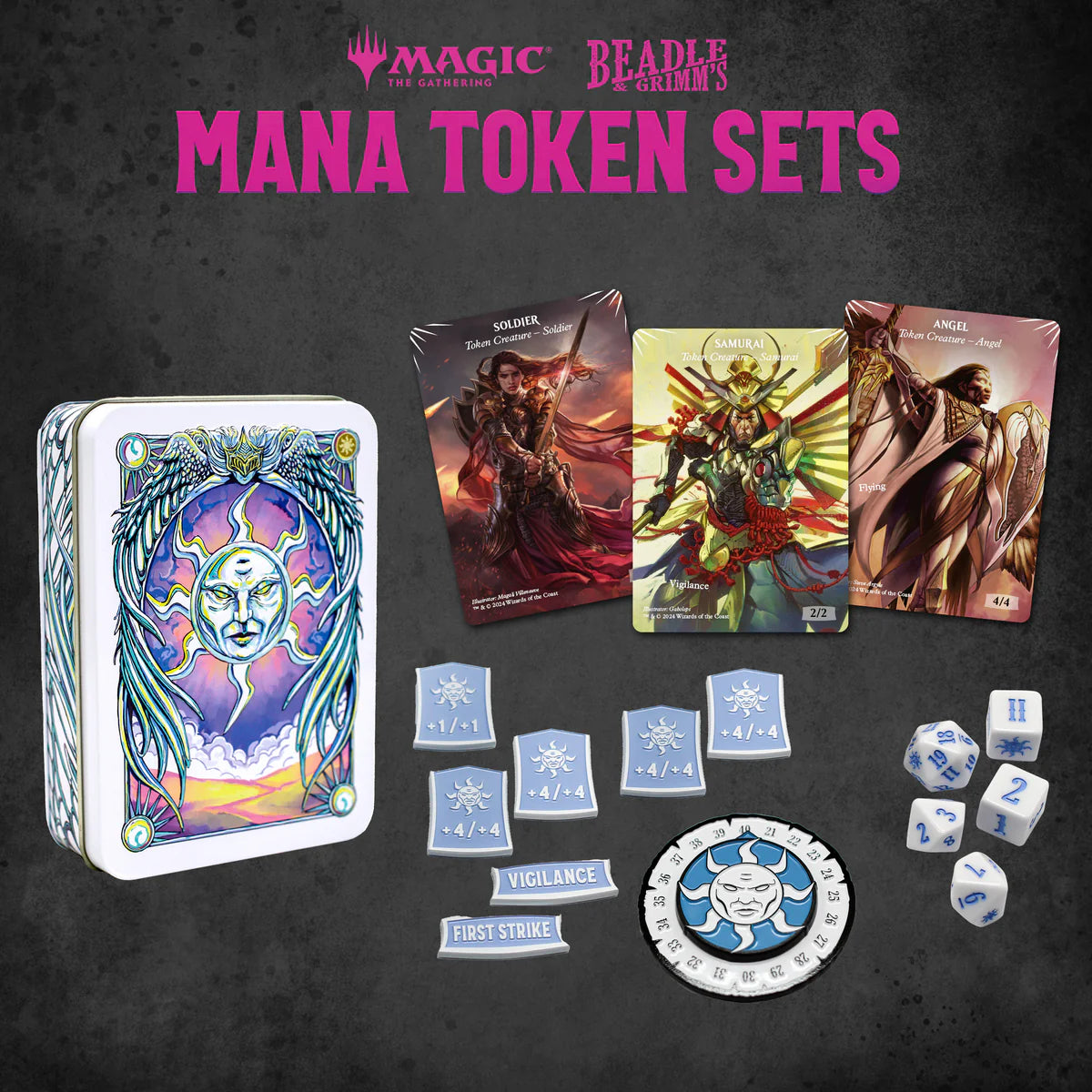 Beadle & Grimm's Magic: The Gathering White Mana Token Set featuring cards, tokens, and dice for gameplay enhancement.
