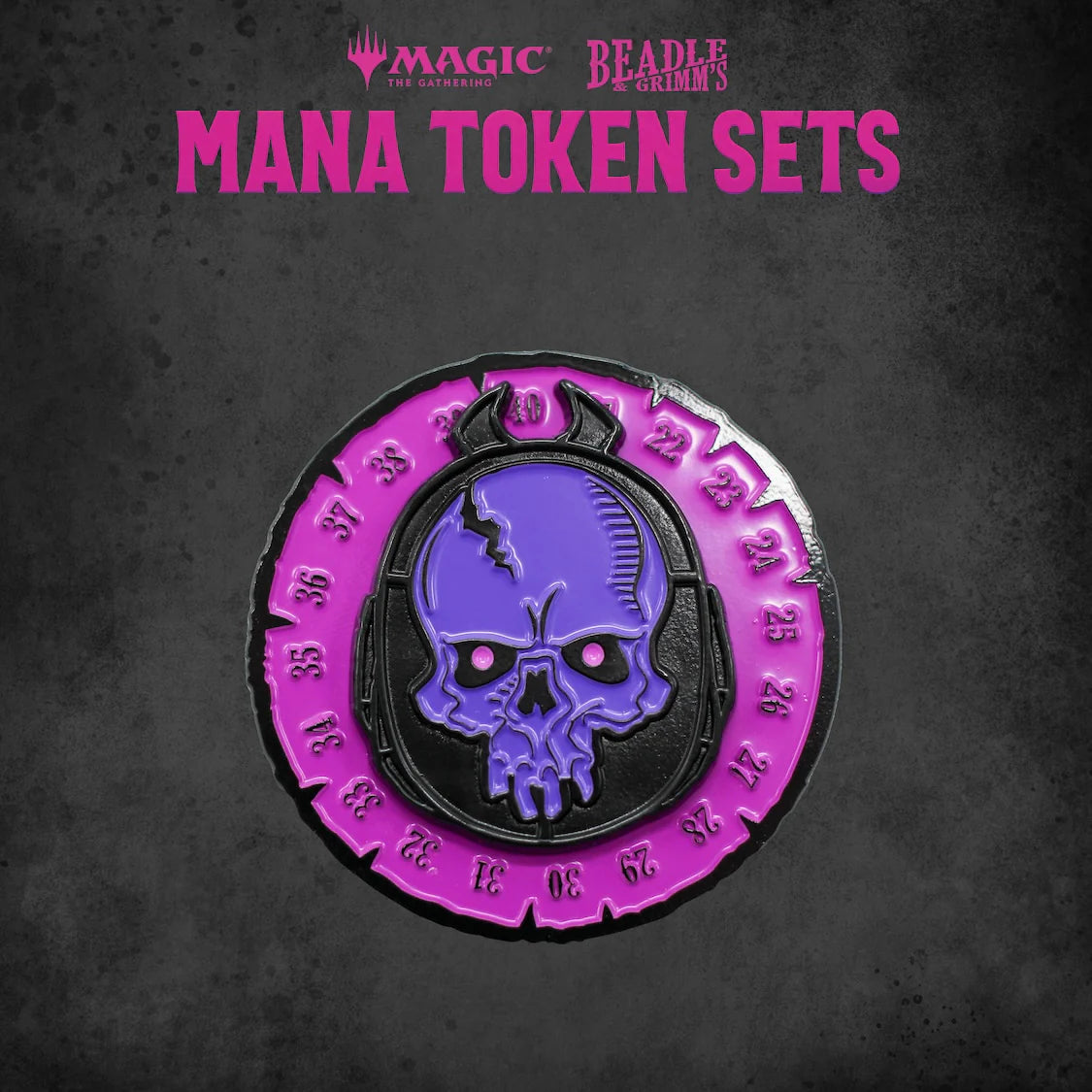 Black Mana Token Set from Beadle & Grimm's features a purple skull design on a circular token, ideal for Magic: The Gathering.