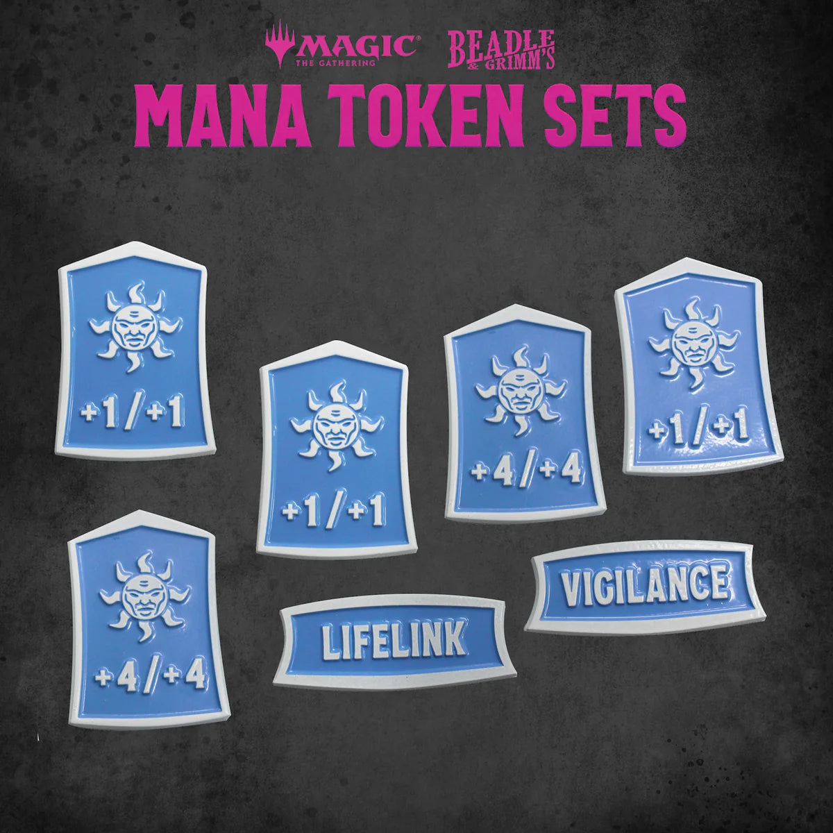 Beadle & Grimm's White Mana Token Set for Magic: The Gathering featuring various tokens with lifelink and vigilance effects.