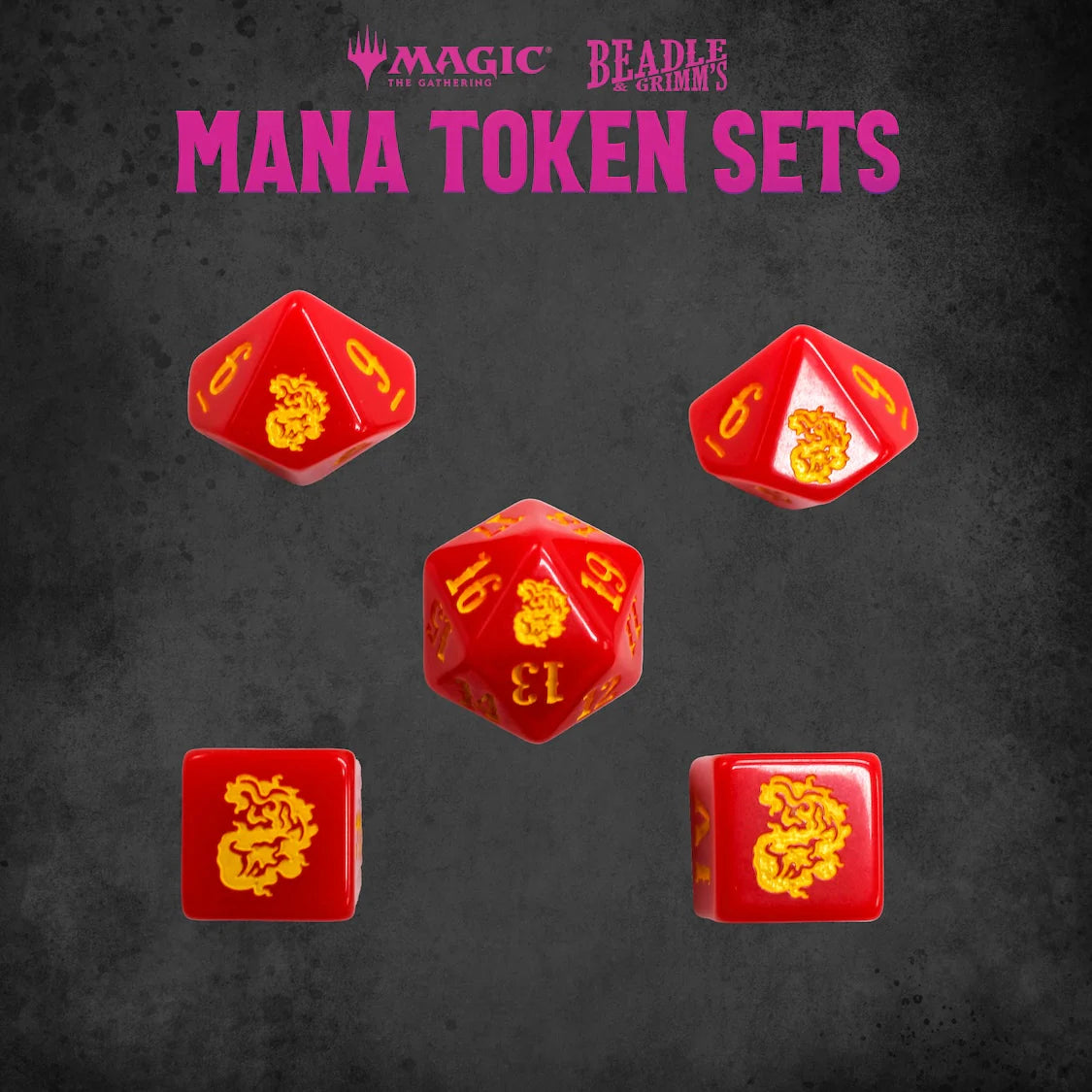 Red Mana Token Set from Beadle & Grimm's for Magic: The Gathering, featuring five red dice with gold designs.
