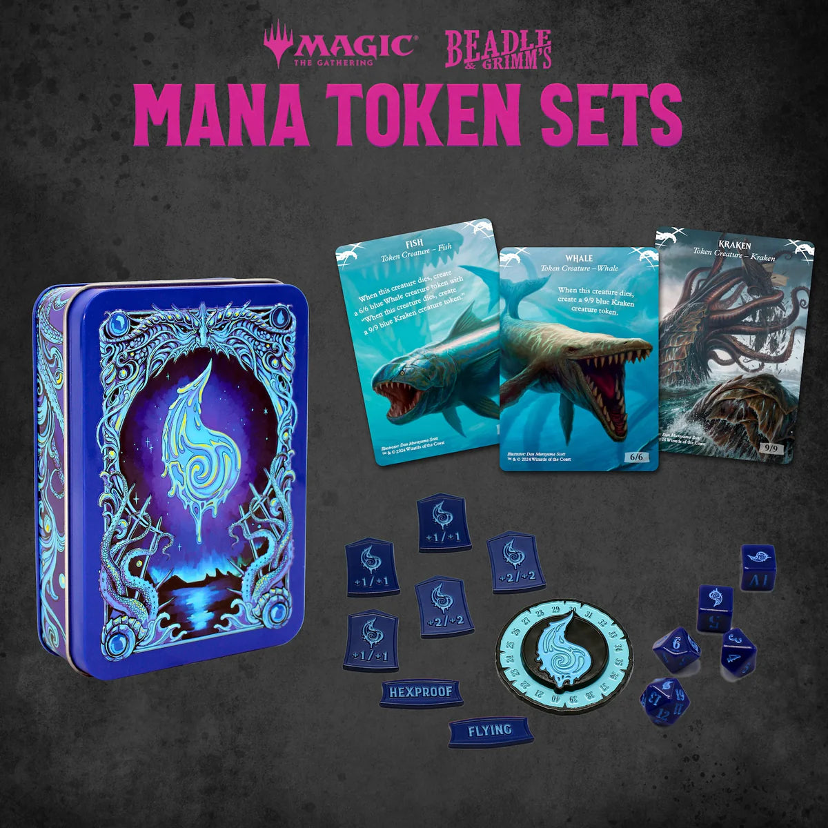 Blue Mana Token Set from Beadle & Grimm's for Magic: The Gathering, featuring tokens, cards, and a decorative tin.
