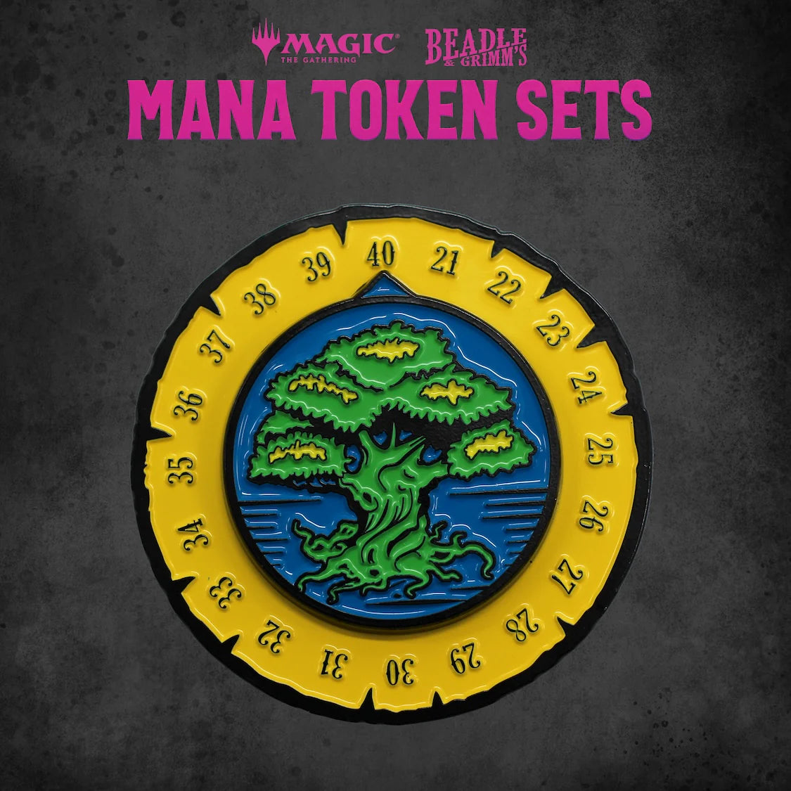 Green Mana Token Set from Beadle & Grimm's for Magic: The Gathering featuring a vibrant tree design on a circular token.