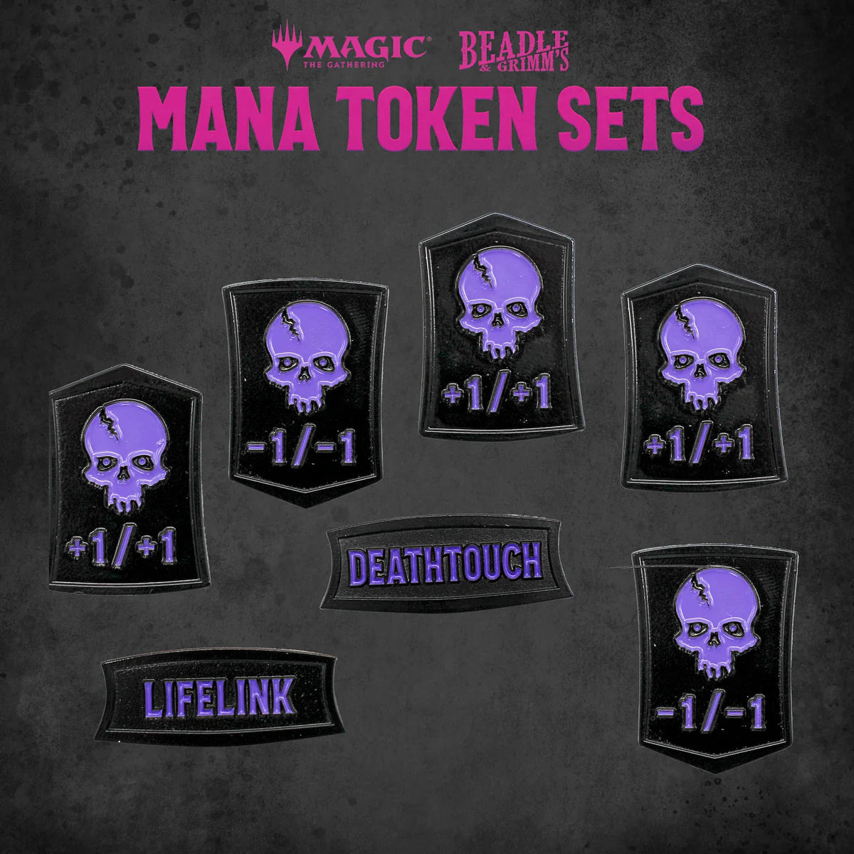 Black Mana Token Set from Beadle & Grimm's for Magic: The Gathering featuring various tokens with effects like Deathtouch and Lifelink.