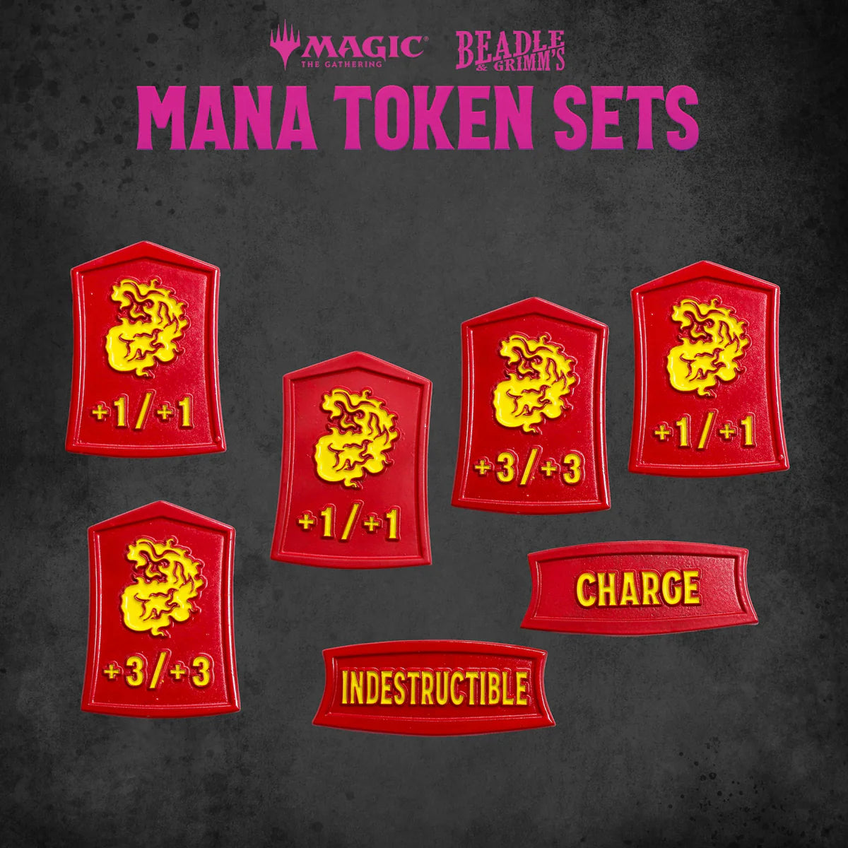 Red Mana Token Set from Beadle & Grimm's for Magic: The Gathering featuring various tokens with effects like +1/+1 and Indestructible.