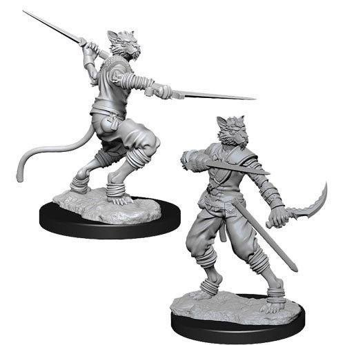 Unpainted Tabaxi male rogue miniature for Dungeons & Dragons, featuring dual weapons and dynamic pose on a textured base.