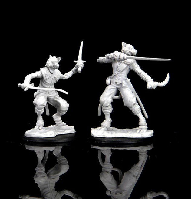 Unpainted miniatures of a male Tabaxi rogue from Dungeons & Dragons, featuring two dynamic poses with swords.