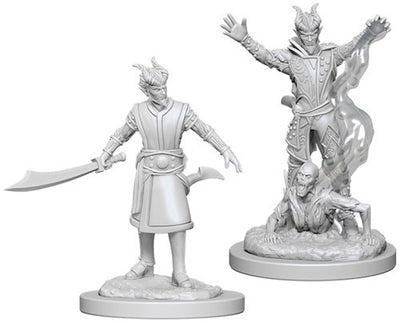 Unpainted miniatures of a male Tiefling Warlock from Dungeons & Dragons, featuring two dynamic poses with a sword and a spellcasting stance.