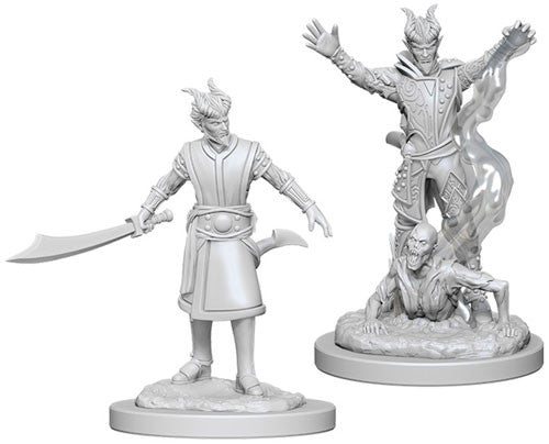 Unpainted miniatures of a male Tiefling Warlock from Dungeons & Dragons, featuring two dynamic poses with a sword and a spellcasting stance.