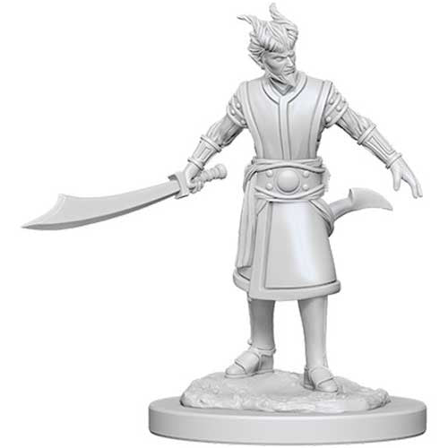 Unpainted miniature of a male Tiefling Warlock from Dungeons & Dragons, wielding a sword and wearing detailed robes.