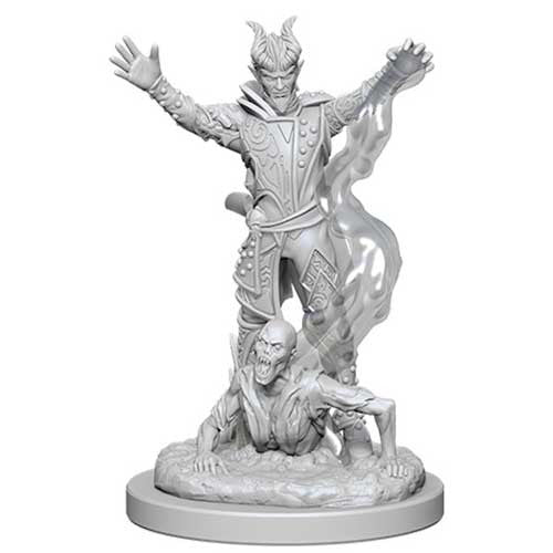 Unpainted male Tiefling Warlock miniature from Dungeons & Dragons, featuring dynamic pose with a defeated creature below.
