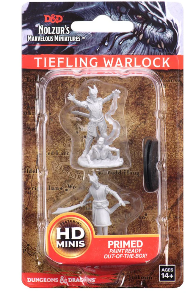Unpainted male Tiefling Warlock miniature from Dungeons & Dragons, primed and ready for painting.