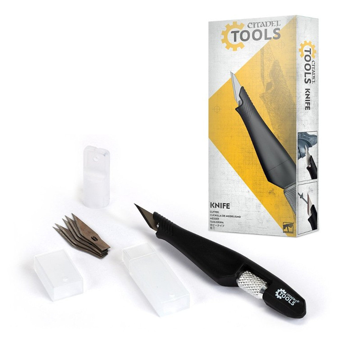 Citadel Tools Knife with interchangeable blades and protective cases, ideal for precision cutting in modeling and crafting.