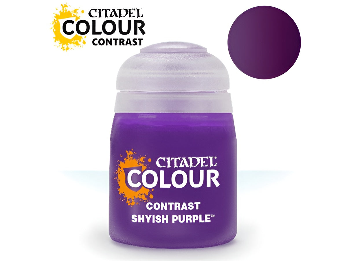 Citadel Contrast Magos Purple paint in an 18ml container, featuring a vibrant purple color for miniature painting.