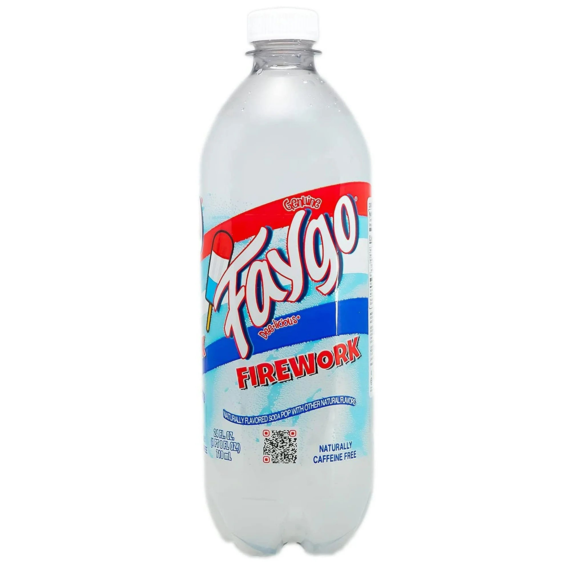 24oz bottle of Faygo Firework soda featuring a colorful label with red, white, and blue design and a firework graphic.