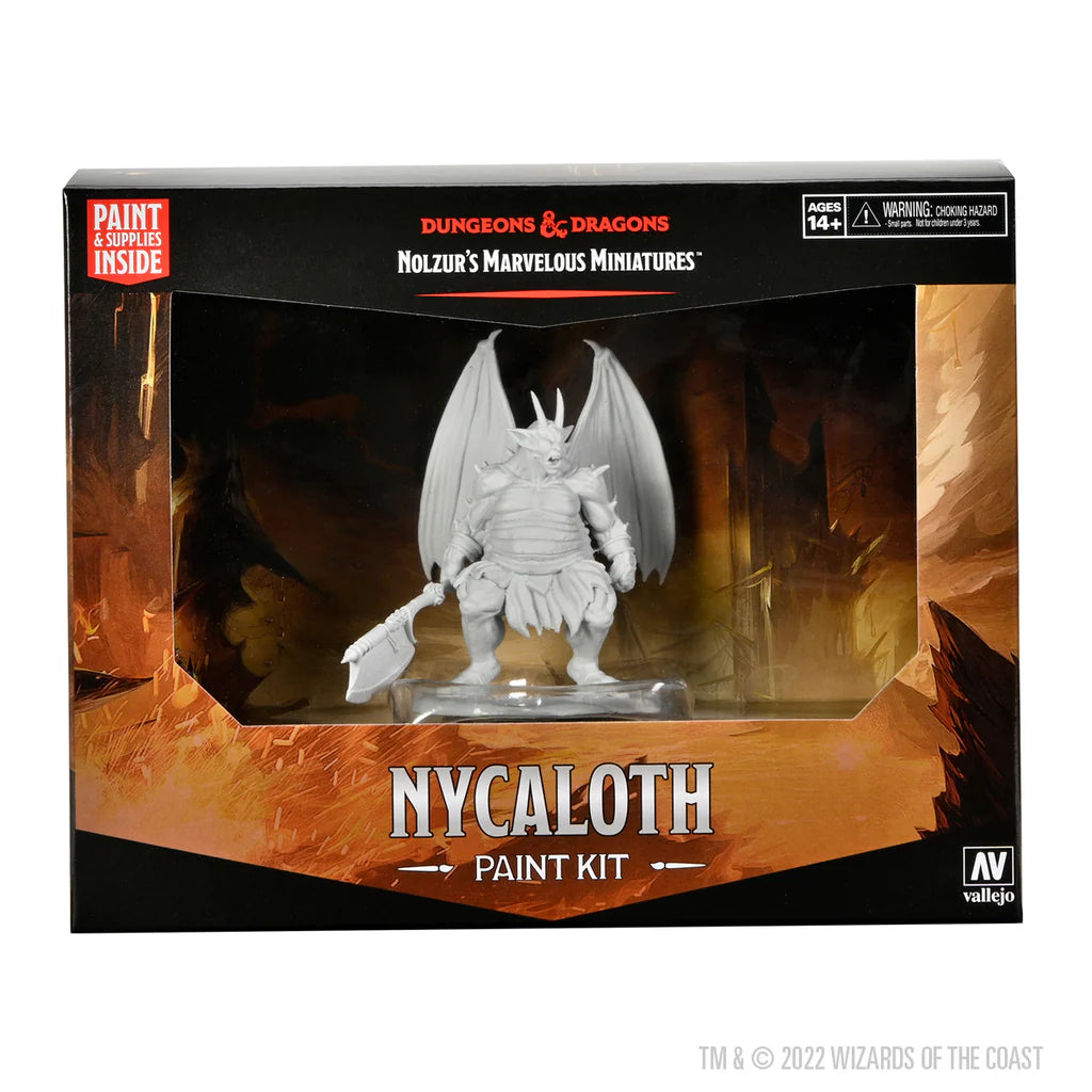 Unpainted Nycaloth miniature from Dungeons & Dragons Nolzur's Marvelous Miniatures paint kit, displayed in packaging.