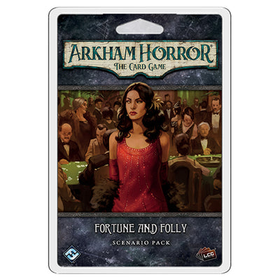 Arkham Horror LCG Fortune and Folly Scenario Pack featuring a woman in a red dress at a glamorous event.