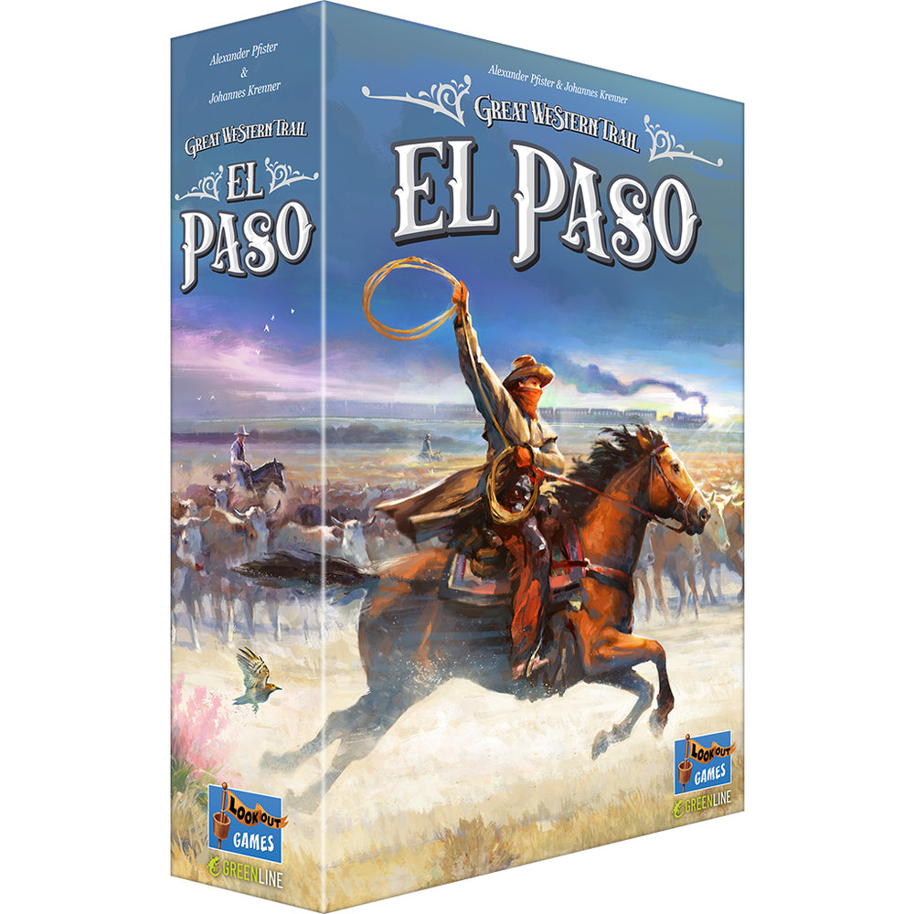 Box art for Great Western Trail: El Paso featuring a cowboy on horseback herding cattle with a vibrant landscape.