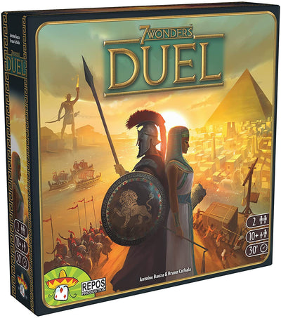Box cover of 7 Wonders Duel featuring ancient warriors and the Great Pyramid, designed for two players aged 10 and up.