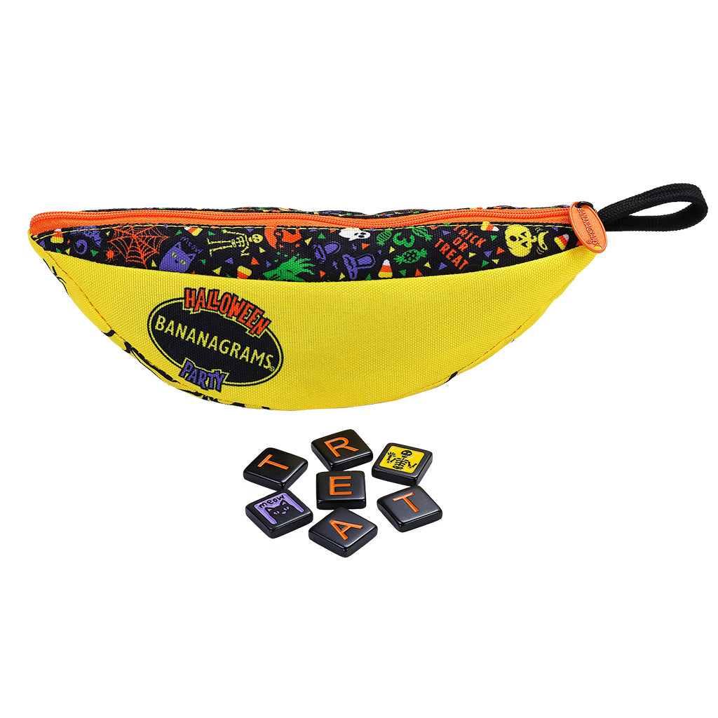 Bananagrams Halloween Party game pouch in yellow with spooky designs, featuring black letter tiles spelling "TREAT.