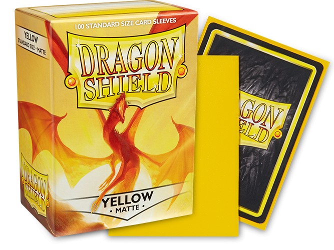 Dragon Shield Matte Sleeves in yellow, featuring a box of 100 standard size card sleeves and one sleeve displayed.
