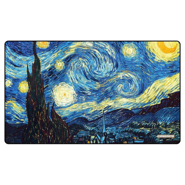 Starry Night playmat featuring swirling blue skies, bright stars, and a cypress tree, perfect for tabletop gaming.