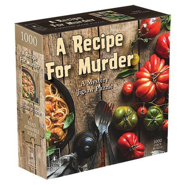 A Recipe for Murder 1000 Piece jigsaw puzzle box featuring vibrant tomatoes, pasta, and a mystery theme.