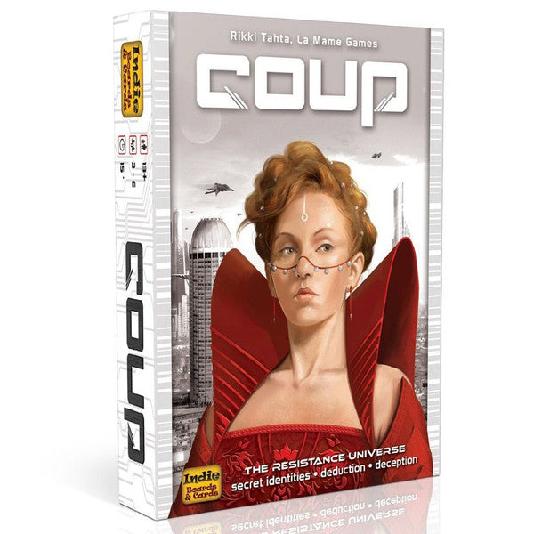 Coup board game box featuring a woman in a red dress and glasses, emphasizing secret identities and deception.