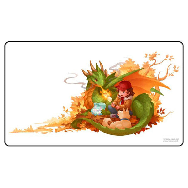 Colorful playmat featuring a child toasting marshmallows with a friendly dragon amidst autumn leaves and playful animals.