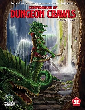 Cover of Dungeons & Dragons 5E: Compendium of Dungeon Crawls - Volume 1 featuring a dragon and a female character in a fantasy setting.