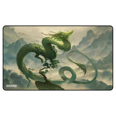 Playmat featuring a majestic green dragon entwined around a tree in a mystical forest landscape.