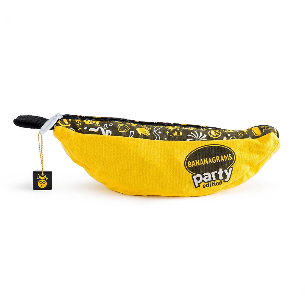 Bananagrams Party Edition game pouch in yellow with black design, featuring the game logo and zipper.