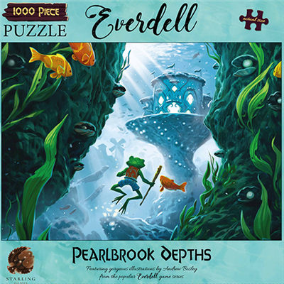 Everdell Pearlbrook Depths puzzle box featuring vibrant underwater scene with a frog and colorful fish in a mystical setting.