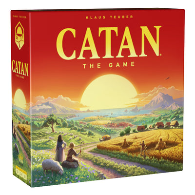 Catan 6th Edition board game box featuring a vibrant landscape with a sunset, sheep, and settlers.