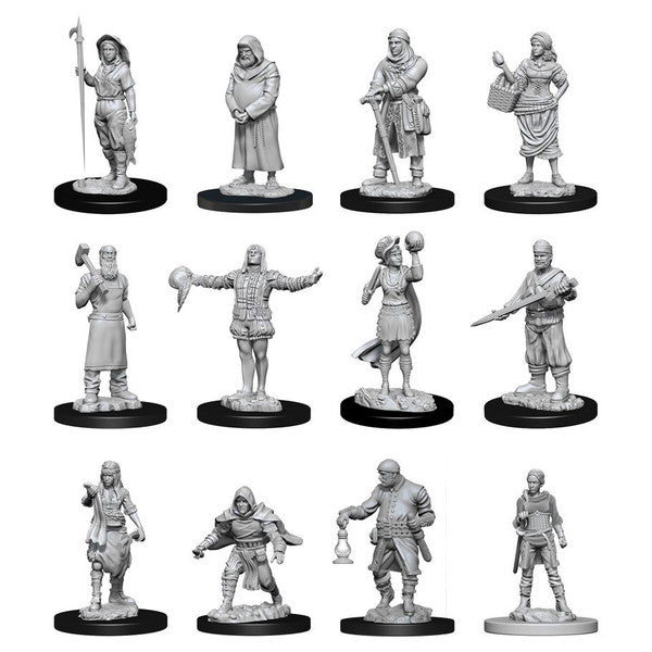 Unpainted miniatures of townspeople and accessories, featuring diverse characters for tabletop gaming and role-playing.