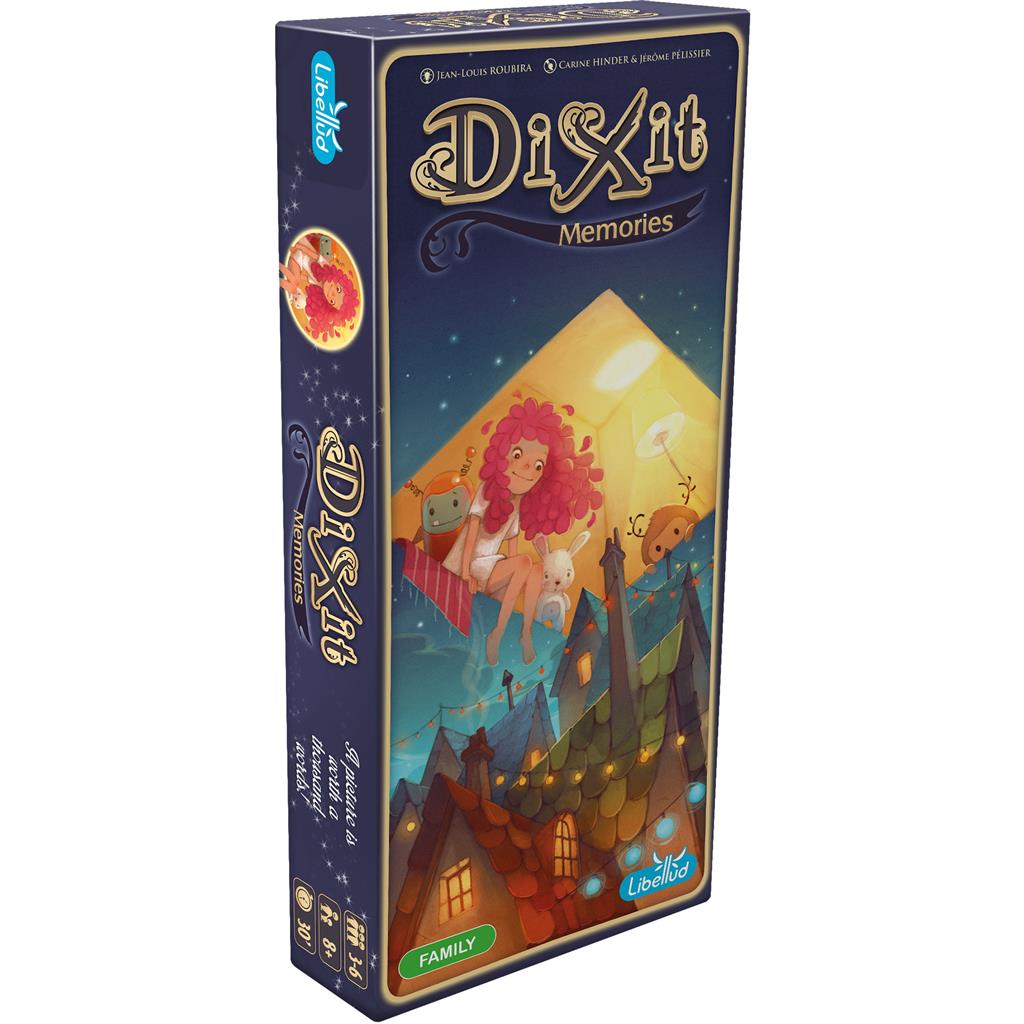 Dixit: Memories Expansion box featuring whimsical artwork of a girl with toys floating above rooftops under a starry sky.