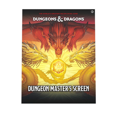 Dungeons & Dragons Dungeon Master's Screen 2024 featuring vibrant artwork of dragons and a central D20 die.