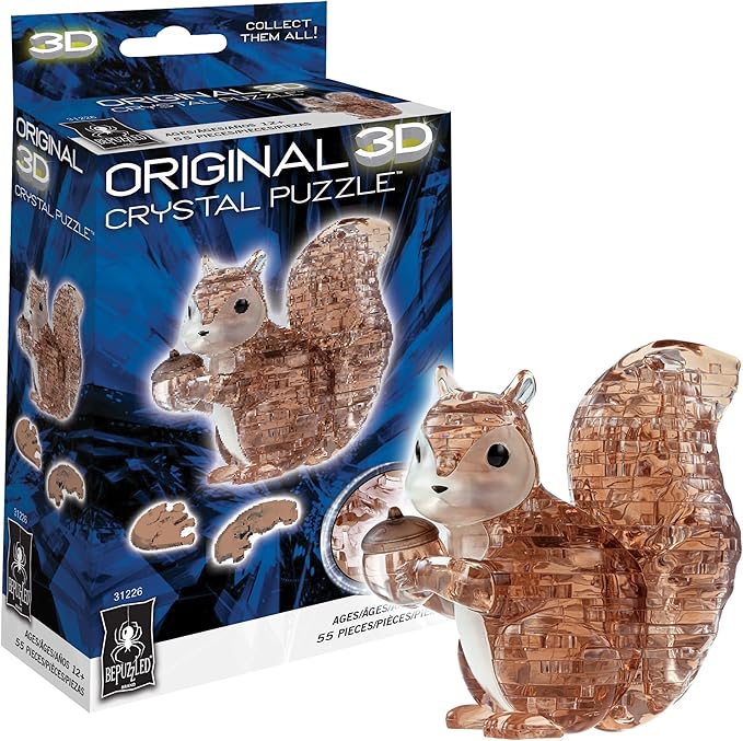3D crystal squirrel puzzle by BePuzzled, featuring 55 transparent pieces and a detailed design, packaged in a colorful box.