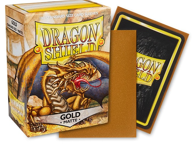Dragon Shield Matte Sleeves in Gold, 100-count pack, designed for standard-sized trading cards, featuring a dragon illustration.