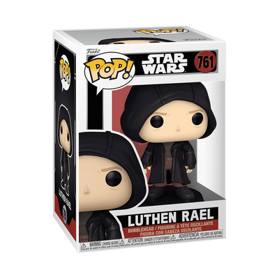 Funko Pop! Star Wars Luthen Rael #761 figure in box, featuring a character with a hooded cloak and distinctive facial features.